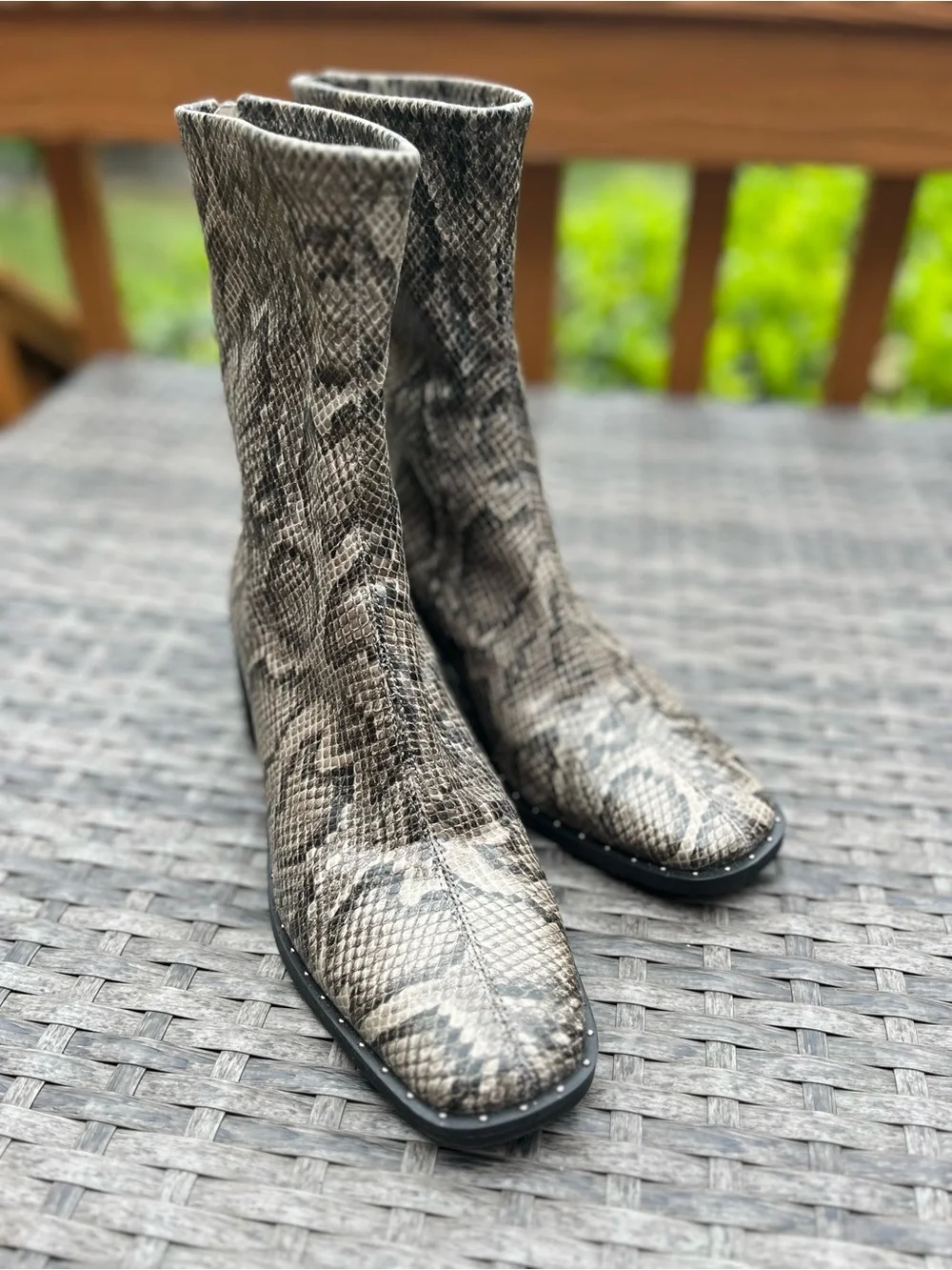 NWOT Snake Print Short Boots - Back Zipper, Block Heel, Neutral Tones - Picture 1 of 10